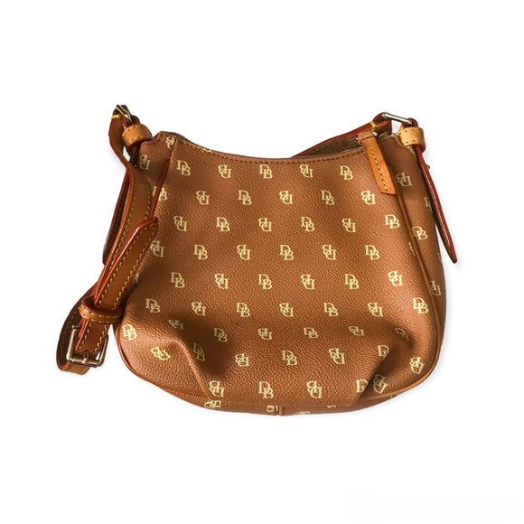 Dooney & Bourke Brown/Pale Yellow Signature Print PVC Tan Leather Small Bag - Picture 2 of 5